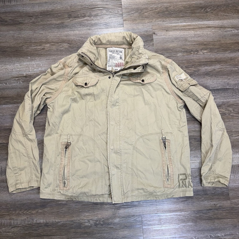 Y2K Paris Nation Utility Field Jacket Mens 3X-Large Tan Zip Snap-Button Front